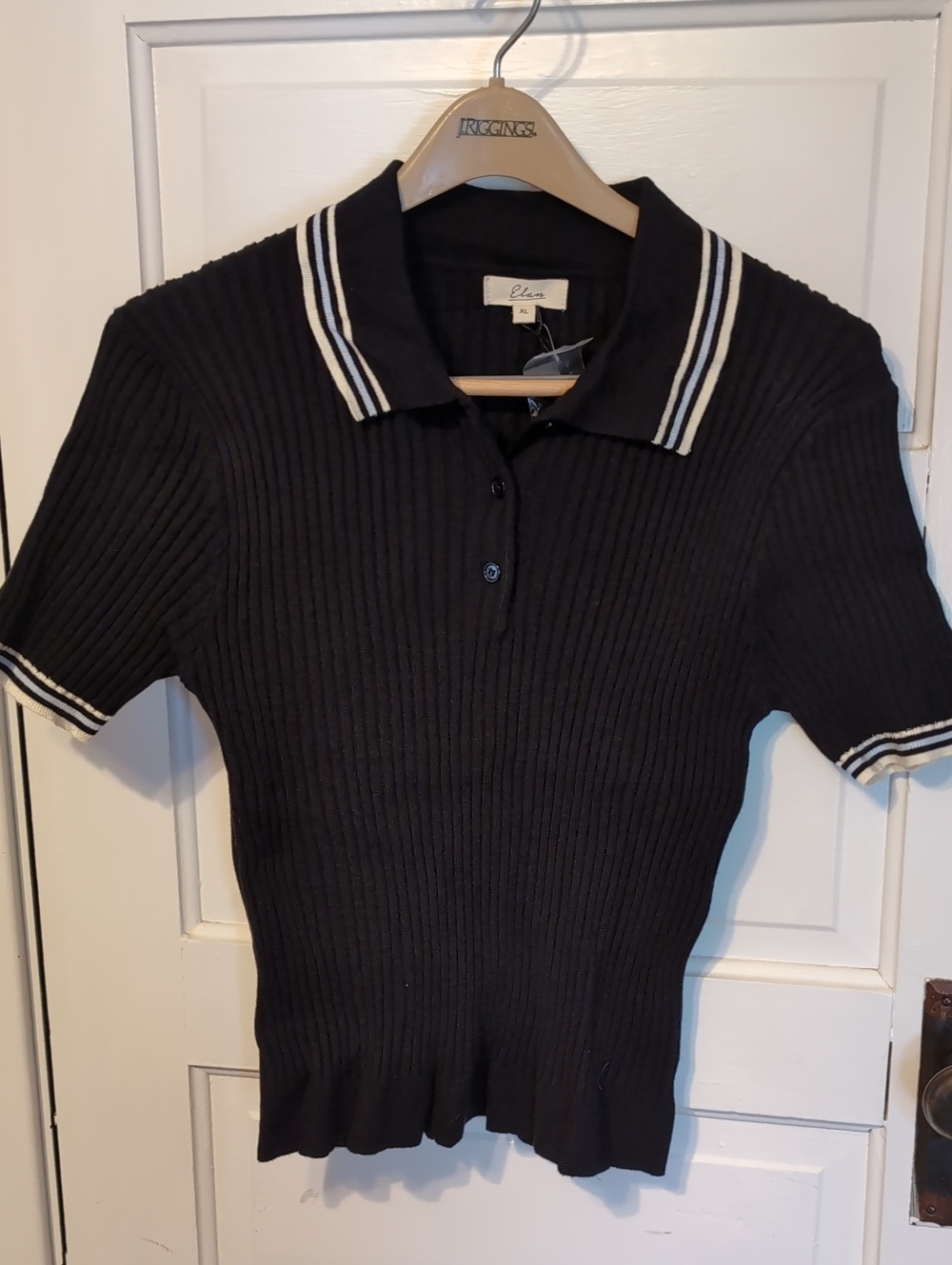 Elan Black Ribbed V-Neck Polo Sweater with White Trim